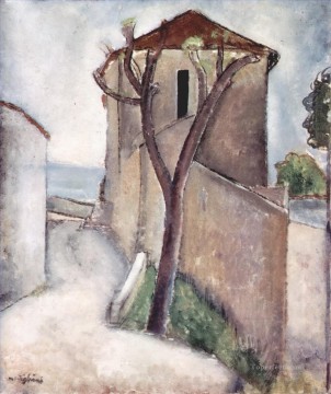 アメデオ・モディリアーニ Painting - 木と家 1919年 アメデオ・モディリアーニ